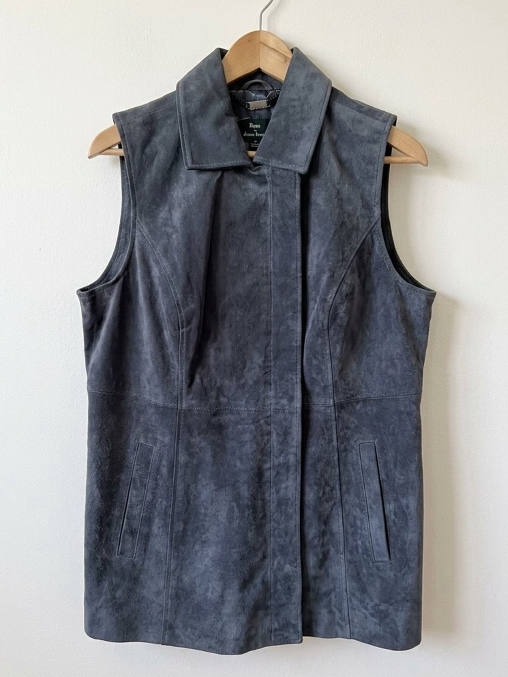 Dennis Basso Genuine Leather Suede Collared Zip-Up Vest Blue-Grey Medium